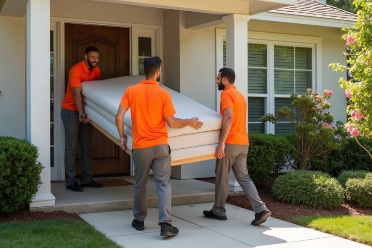 Professional moving team carefully carrying furniture into a home during a residential move
