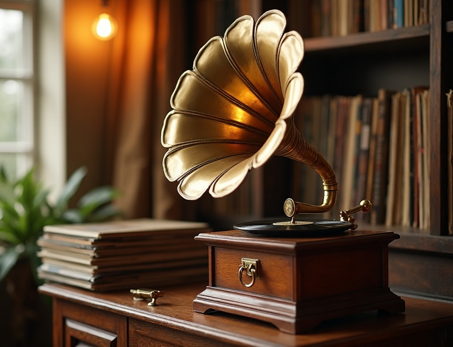 Vintage gramophone with vinyl records collection