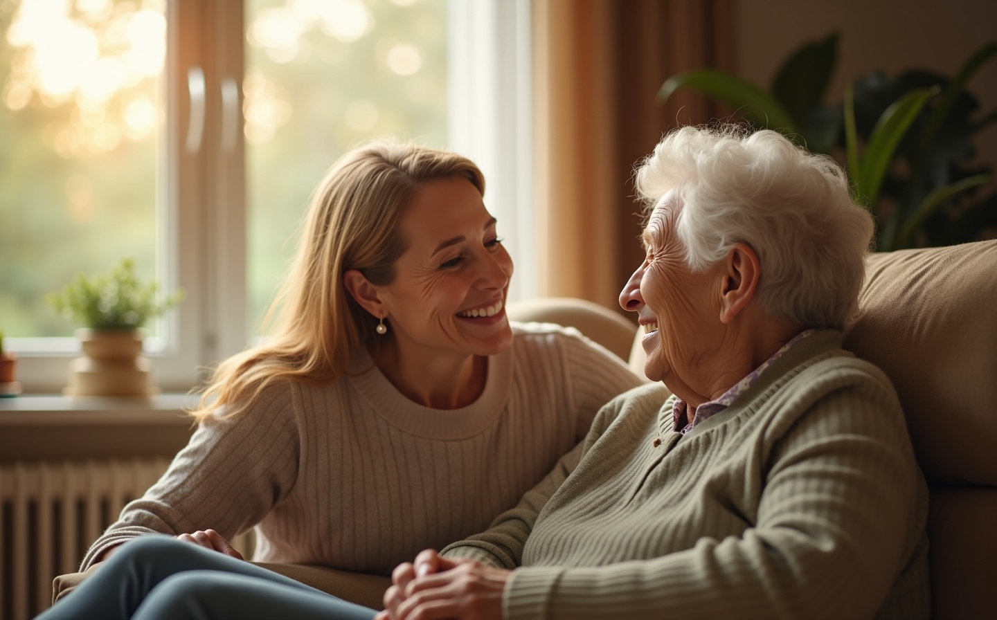 Cuidadora com idosa em ambiente domiciliar aconchegante