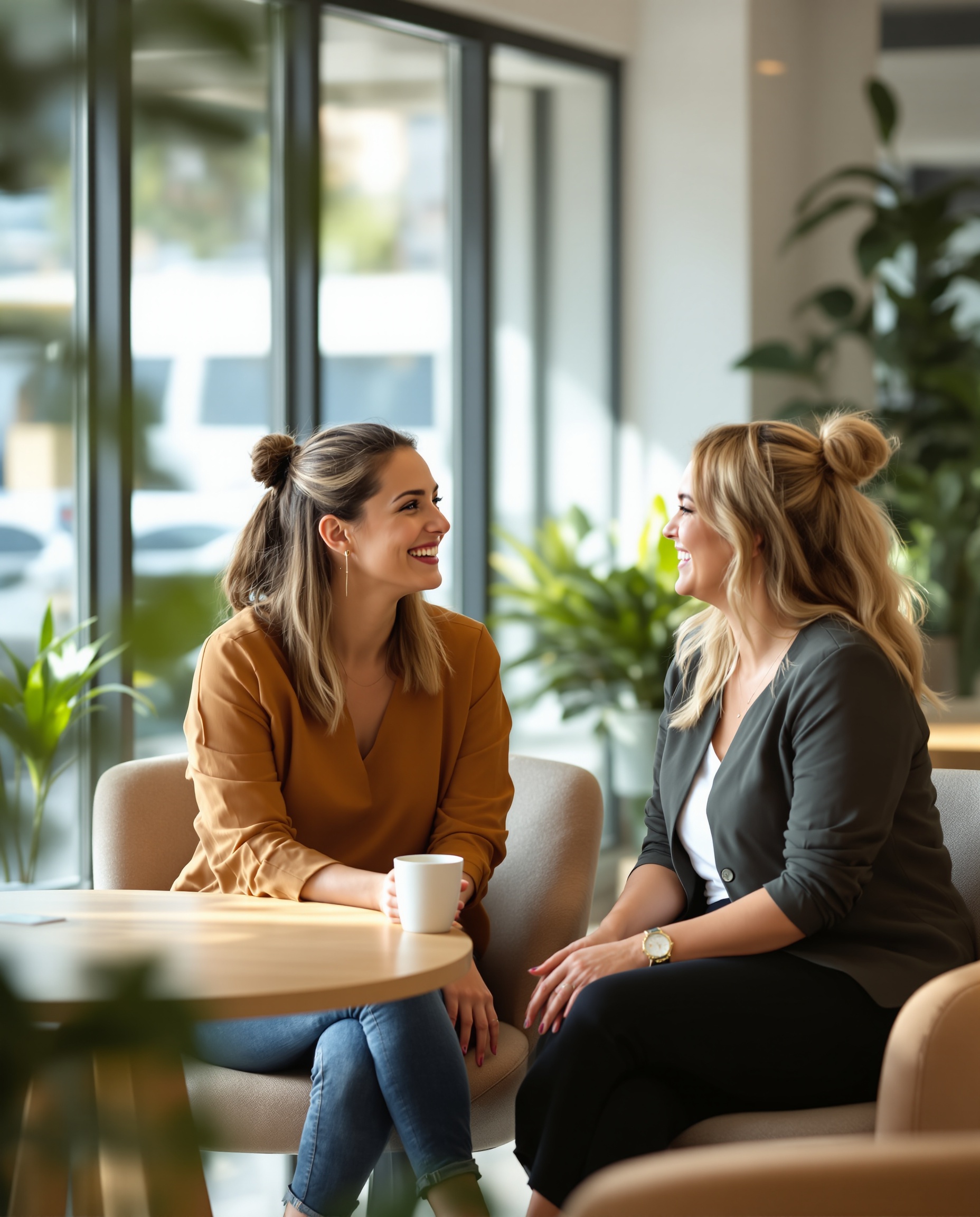 Two educators talking together in a bright staff room