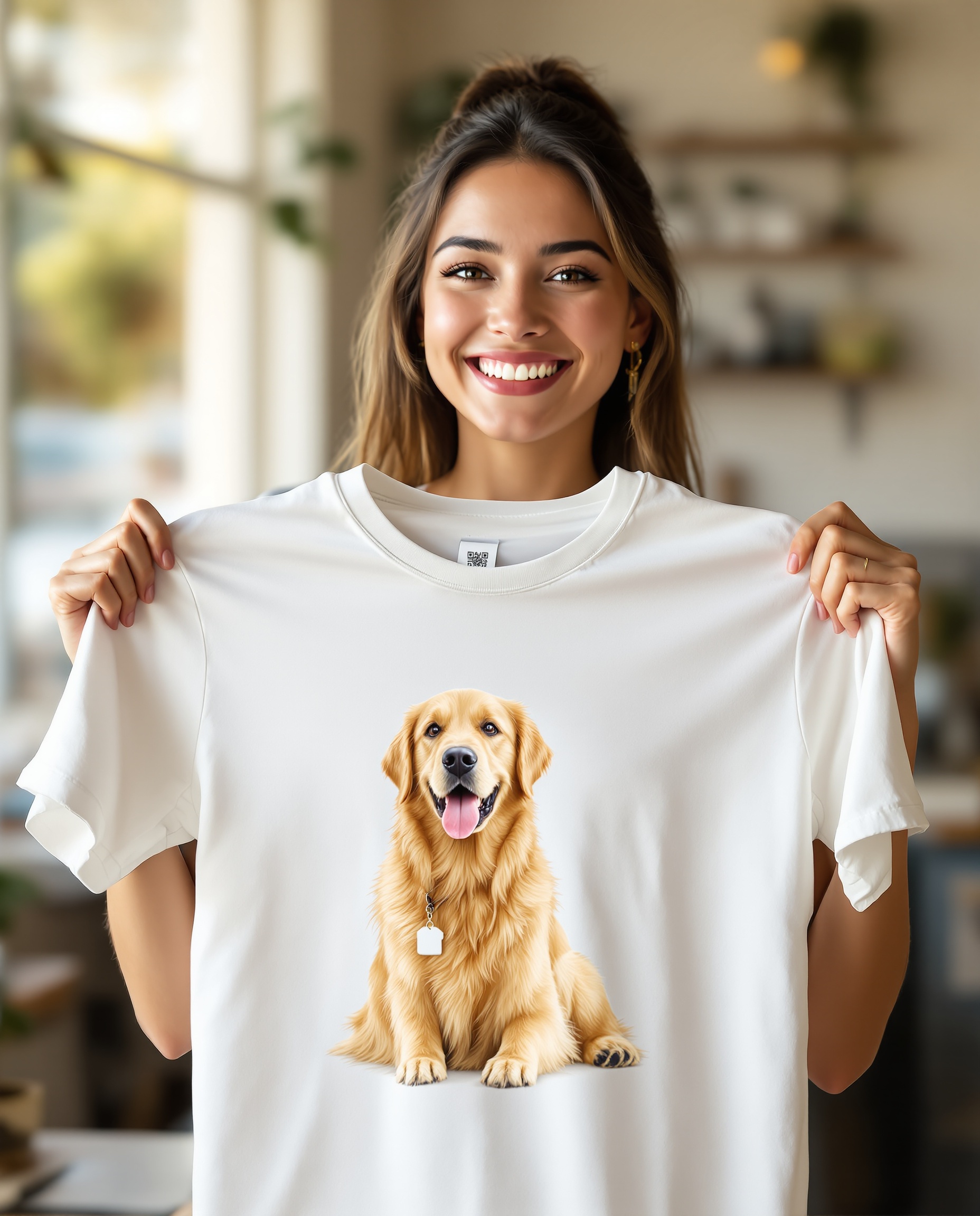 Person proudly showing their custom pet rescue shirt with QR code