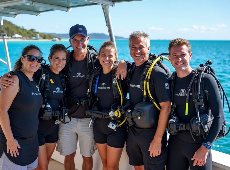 Happy divers after completing their PADI course at Mission Beach