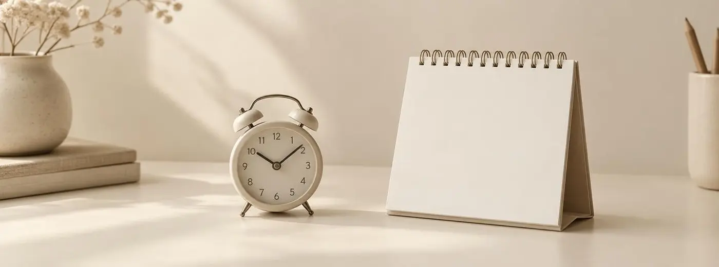 Reloj despertador pequeño junto a un calendario de papel en blanco sobre una mesa clara