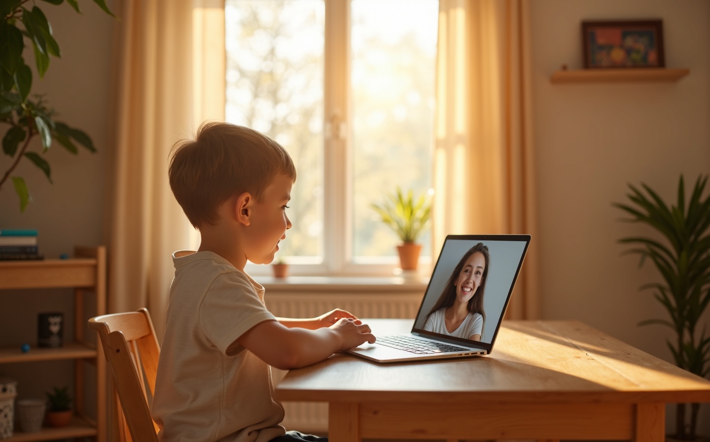 Child learning Spanish online in a cozy home setting