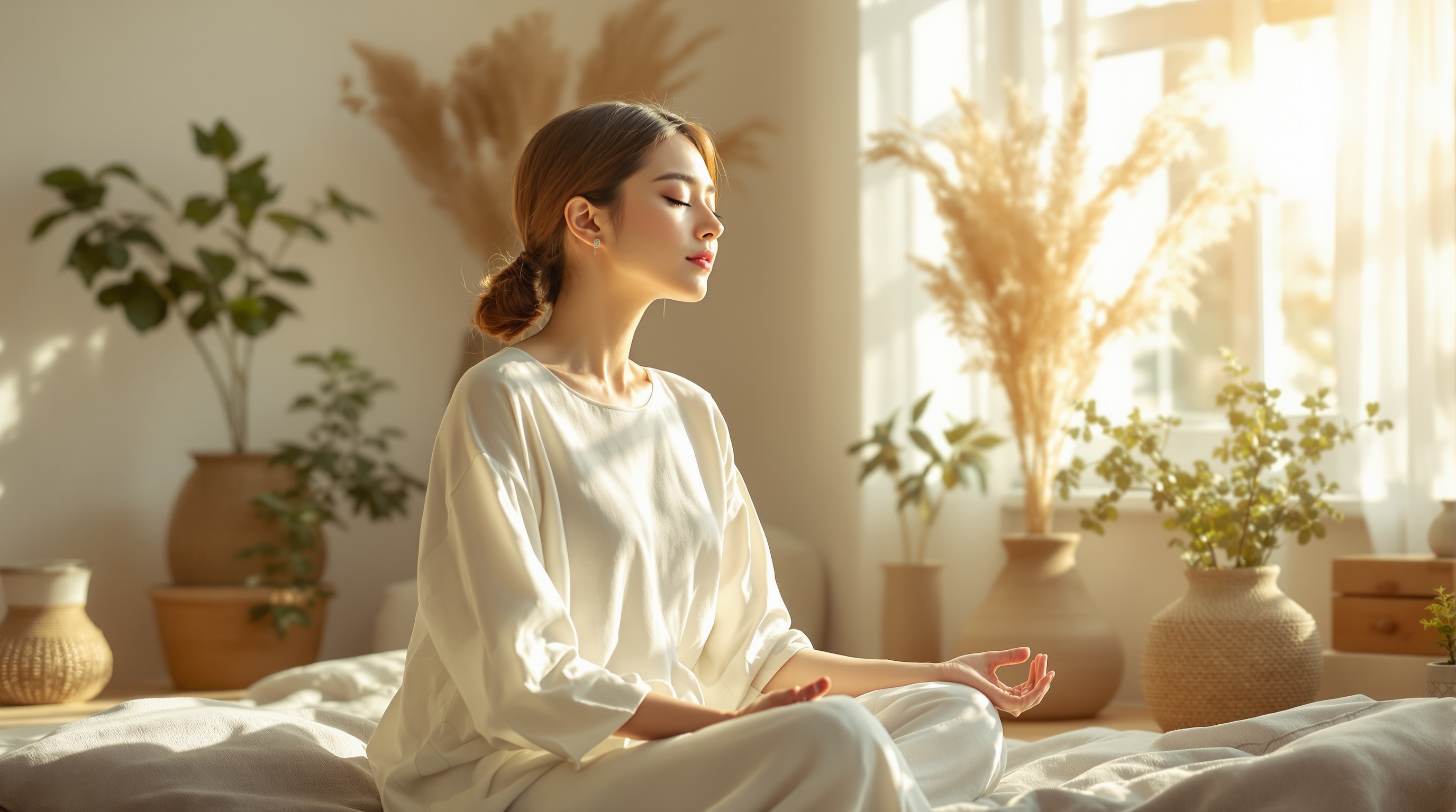 Mulher em paz e oração, ambiente luminoso e espiritual