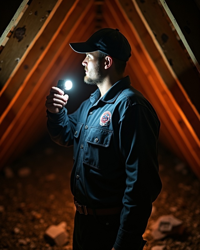 Pest control technician inspecting an attic in Brooklyn NY