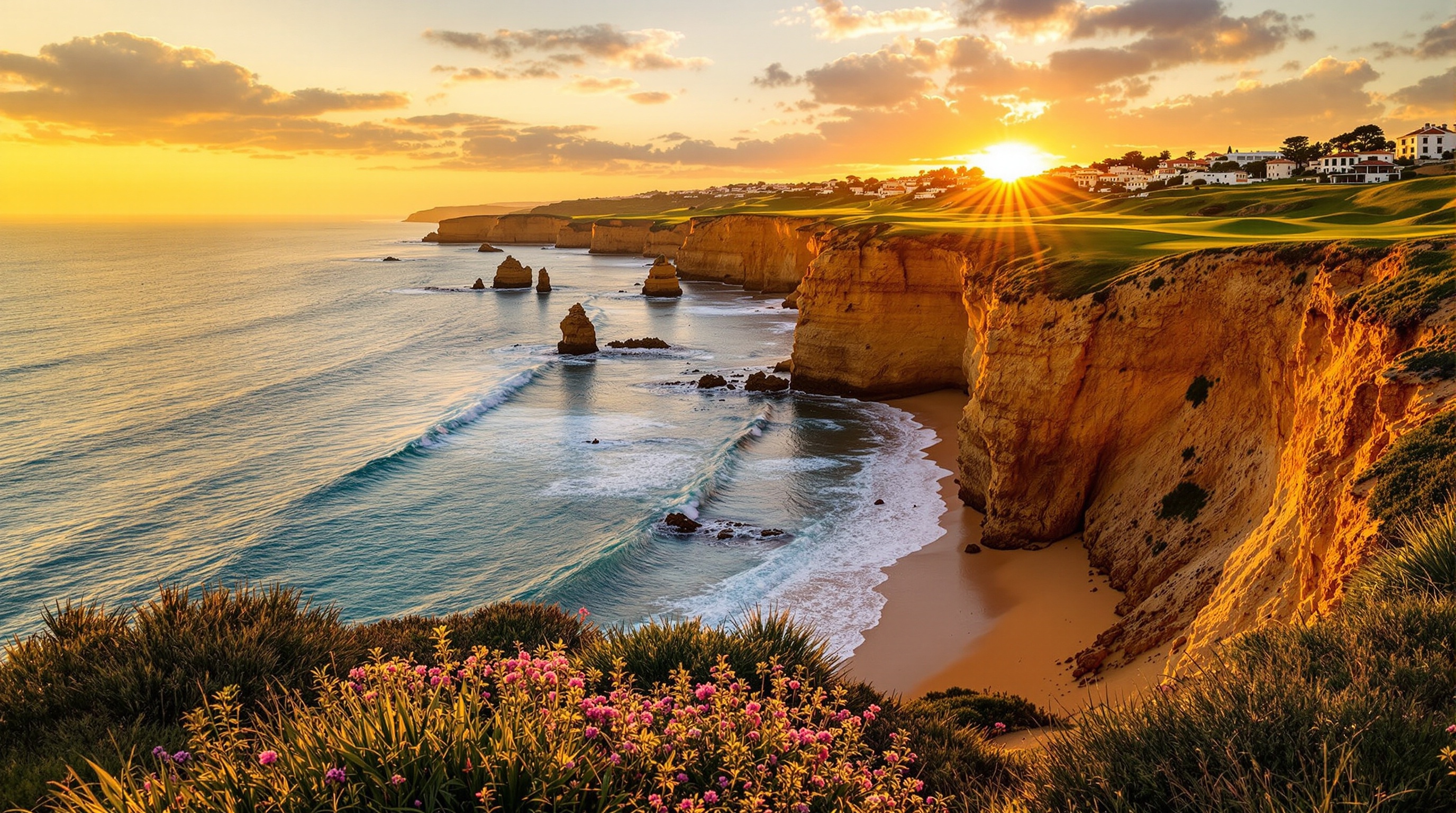 Oitavos Dunes golf course Cascais Portugal Atlantic ocean dramatic dunes championship links golden afternoon light cinematic panoramic