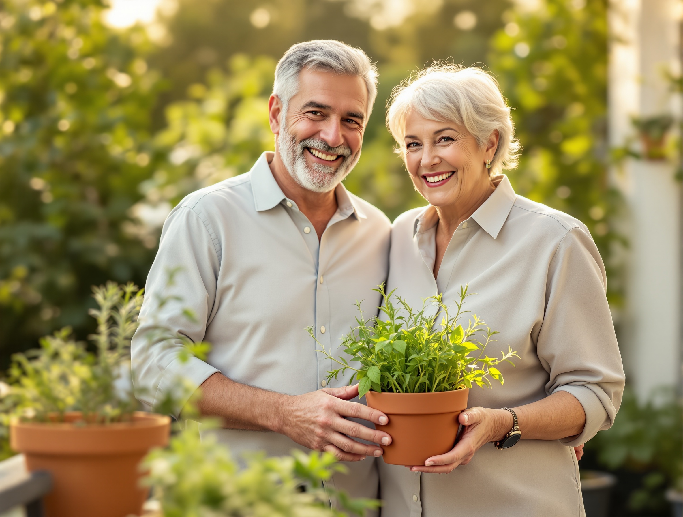 Casal cultivando ervas medicinais juntos em casa