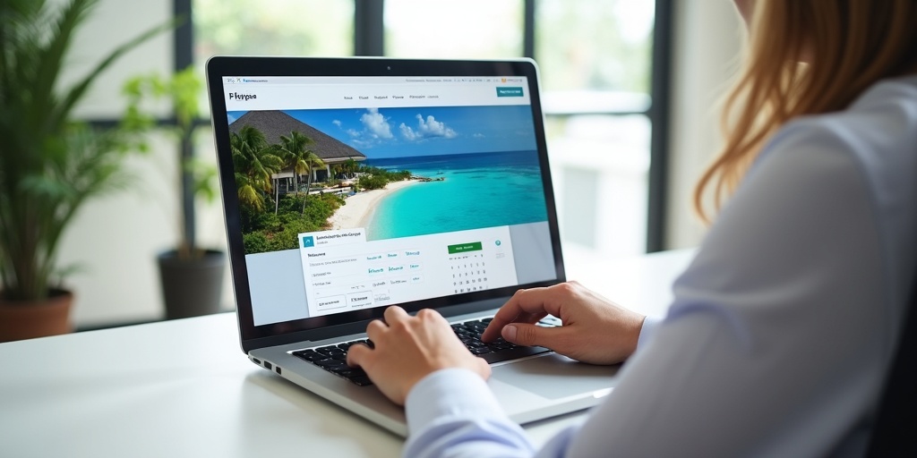 Travel agent using Sandals booking platform on laptop