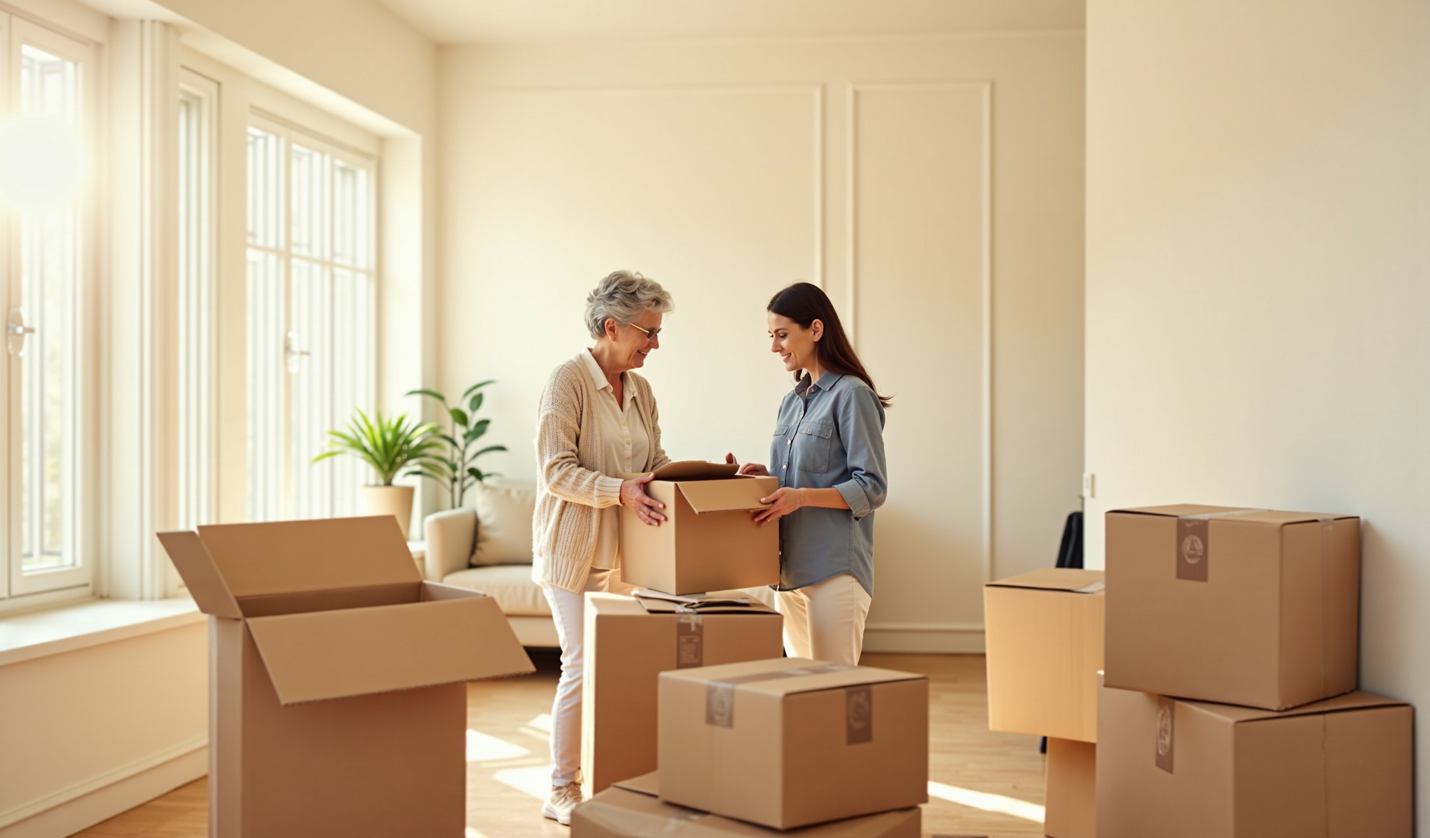 Young woman helping senior woman pack moving boxes in warm home - Senior Move Managers Milwaukee