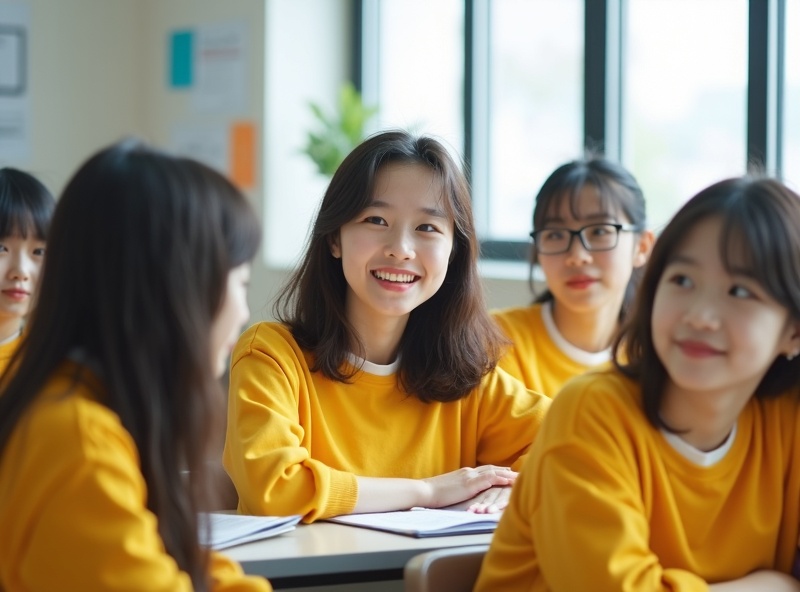 생활복을 입은 한국 중고등학생들의 밝은 모습