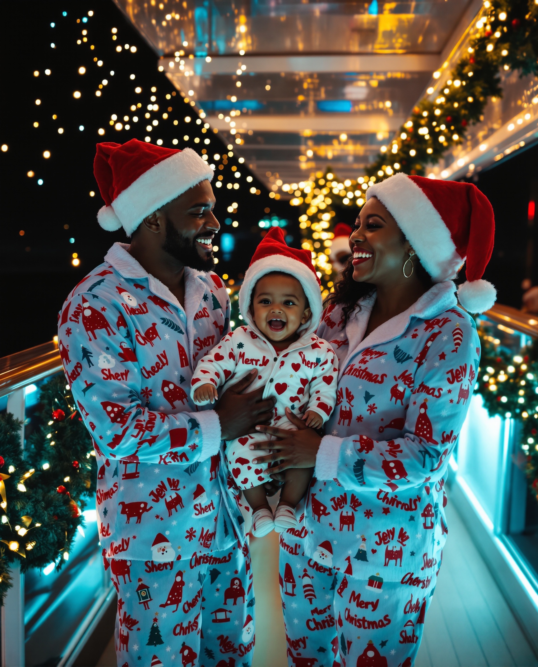 Black family in Christmas pajamas on cruise deck