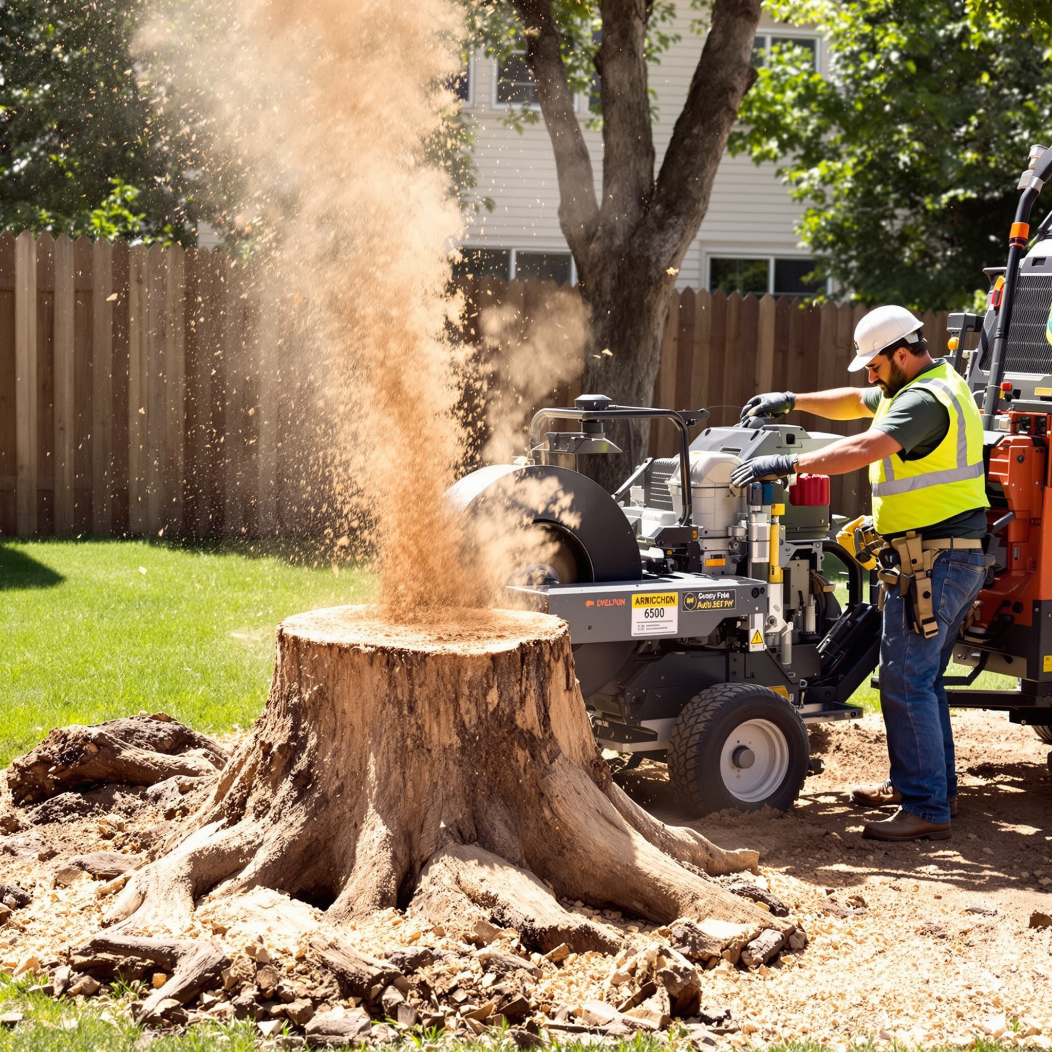 Stump grinder machine is grinding tree stump in yard