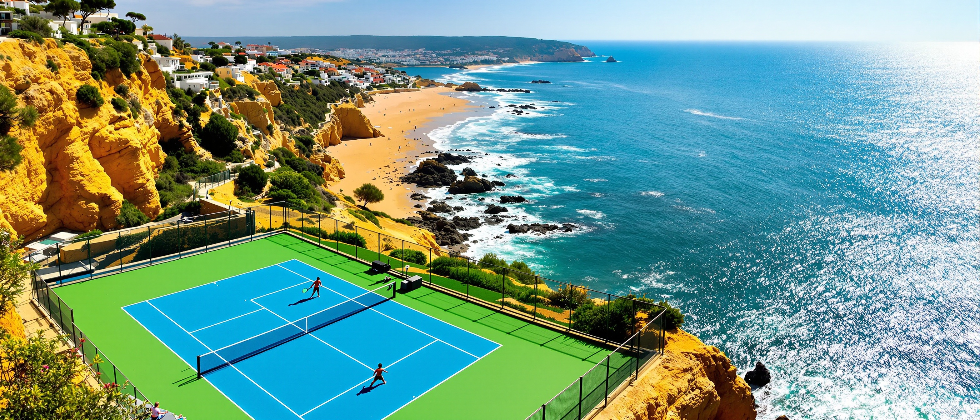 Padel players on a proper padel court in upscale Cascais