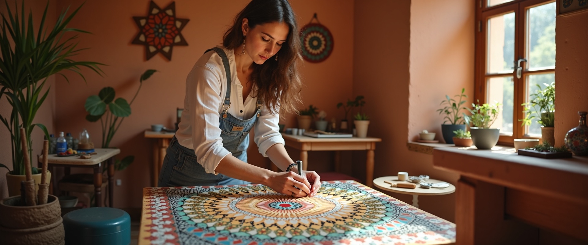 Zaza Mosaic artisan studio with mosaic creation and warm natural light