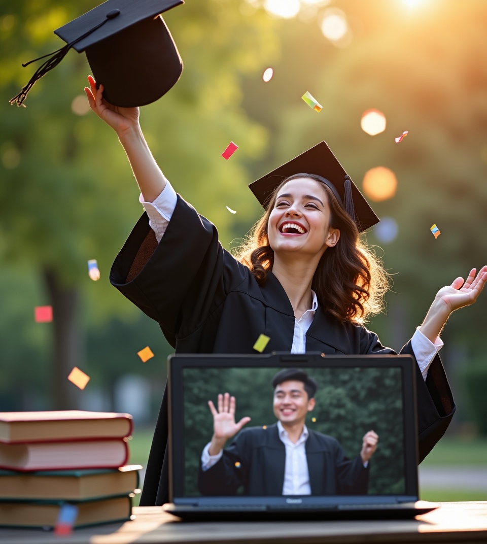 Aluno formando jogando chapéu com professor feliz na tela