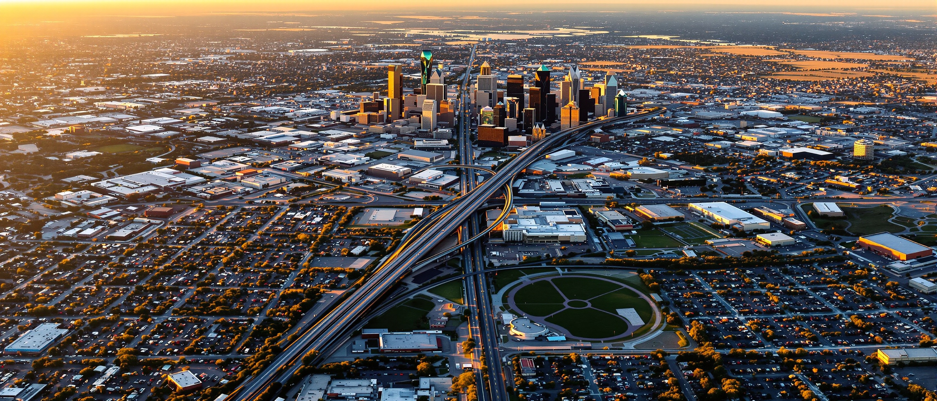 Commercial electrician Dallas TX — aerial view of the Dallas-Fort Worth Metroplex and surrounding commercial corridors served by UTS ElectricPros
