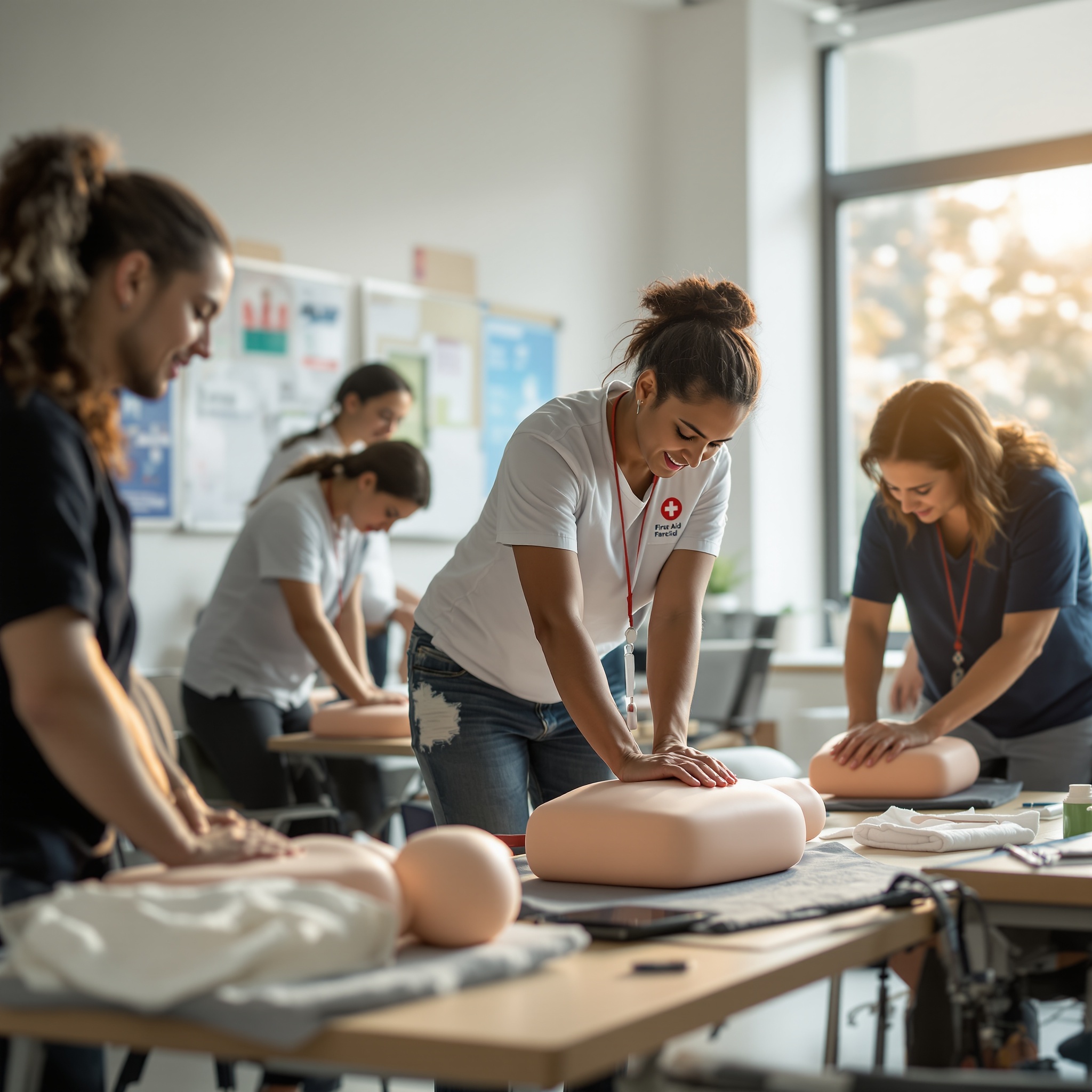 Erste Hilfe Training Kurs mit Teilnehmern bei der praktischen Übung von Wiederbelebungsmaßnahmen
