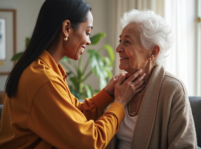 Diverse caregiver helping senior with compassion