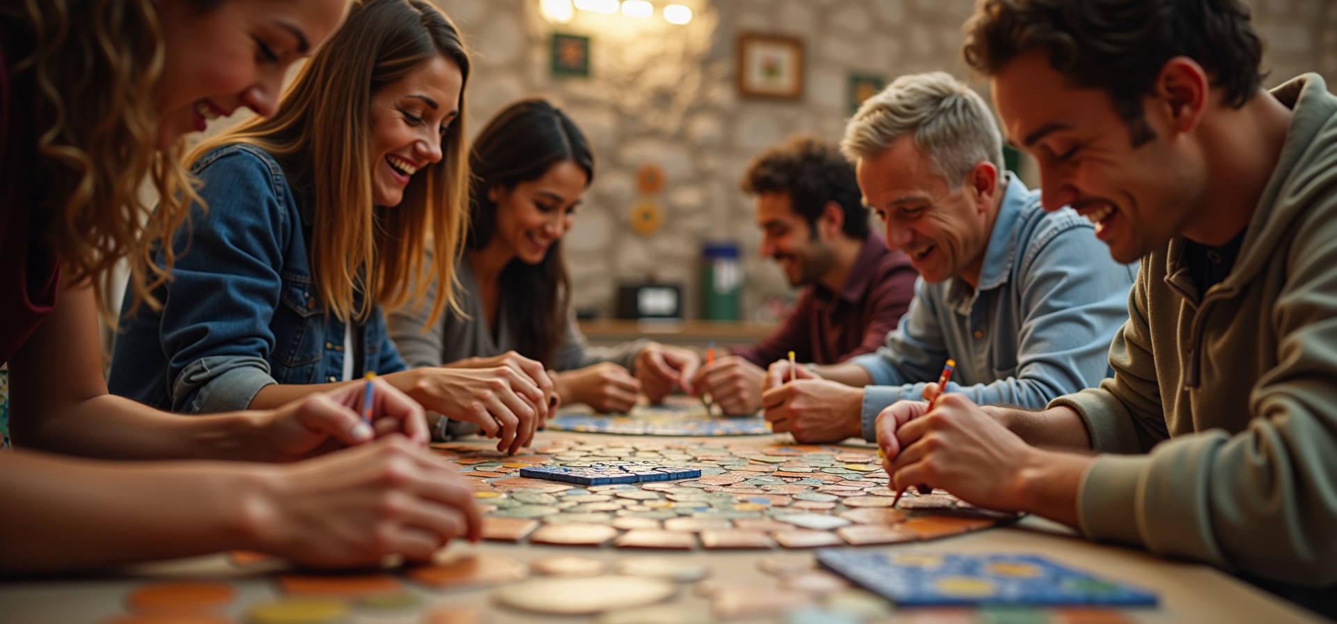 Atelier créatif mosaïque à Casablanca — groupe de participants joyeux créant ensemble