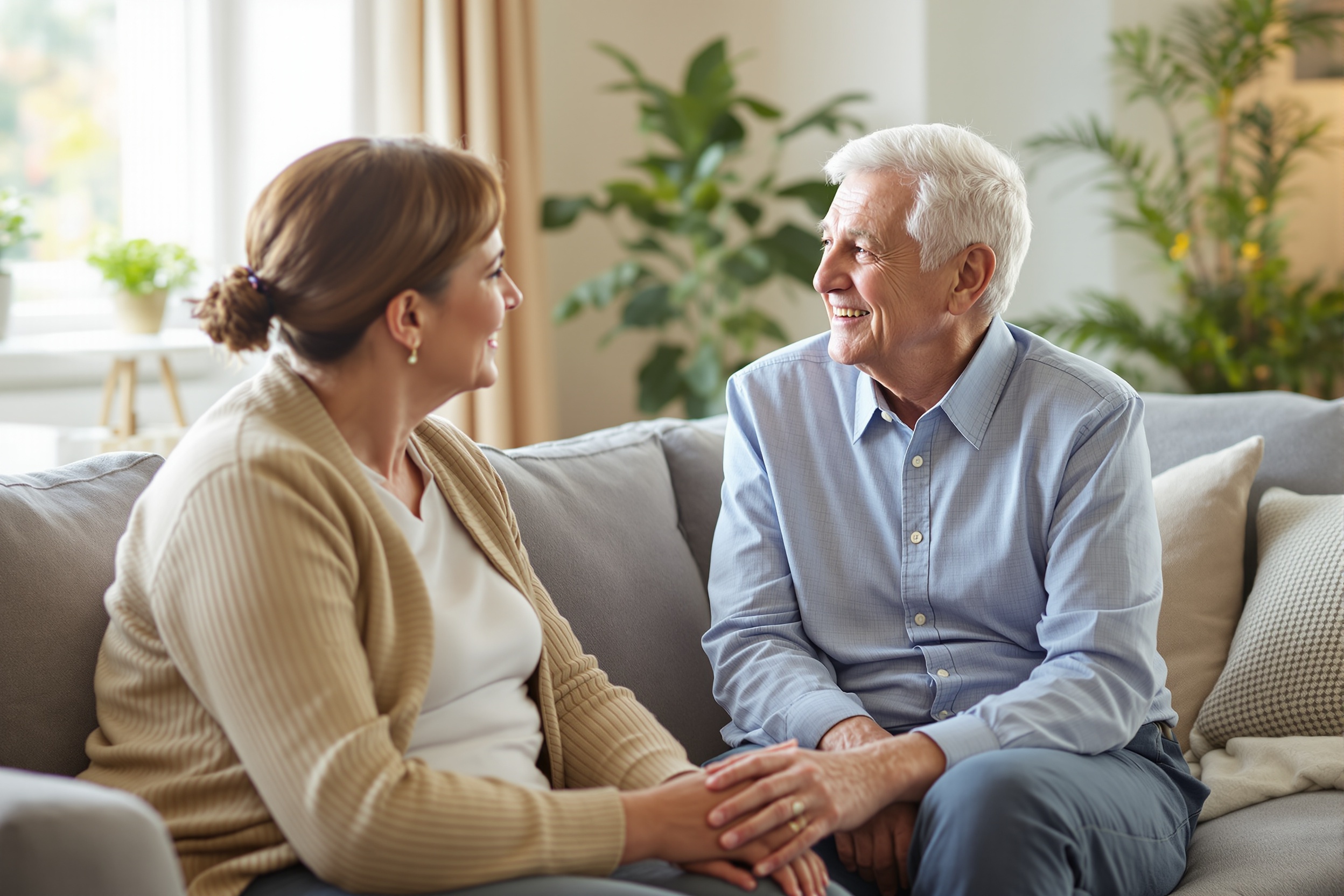 Caregiver having respectful conversation with elderly parent