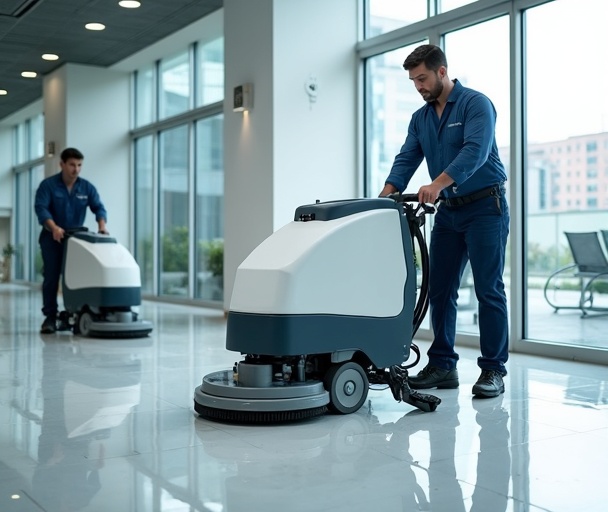 PM Cleaning Solutions professional team using commercial floor scrubbing equipment