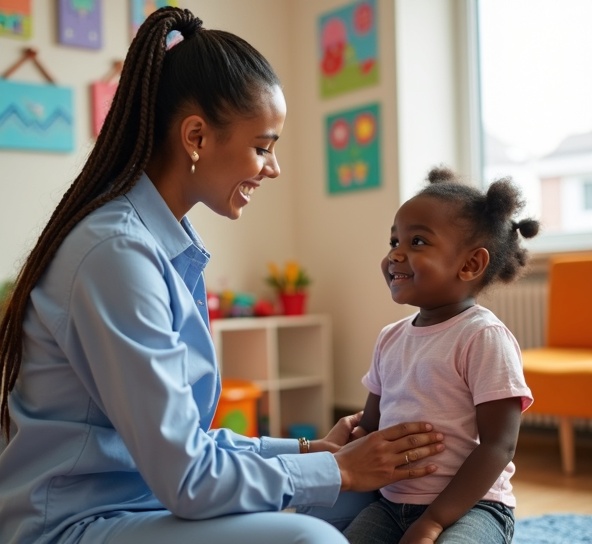 Professional pediatric therapist with child