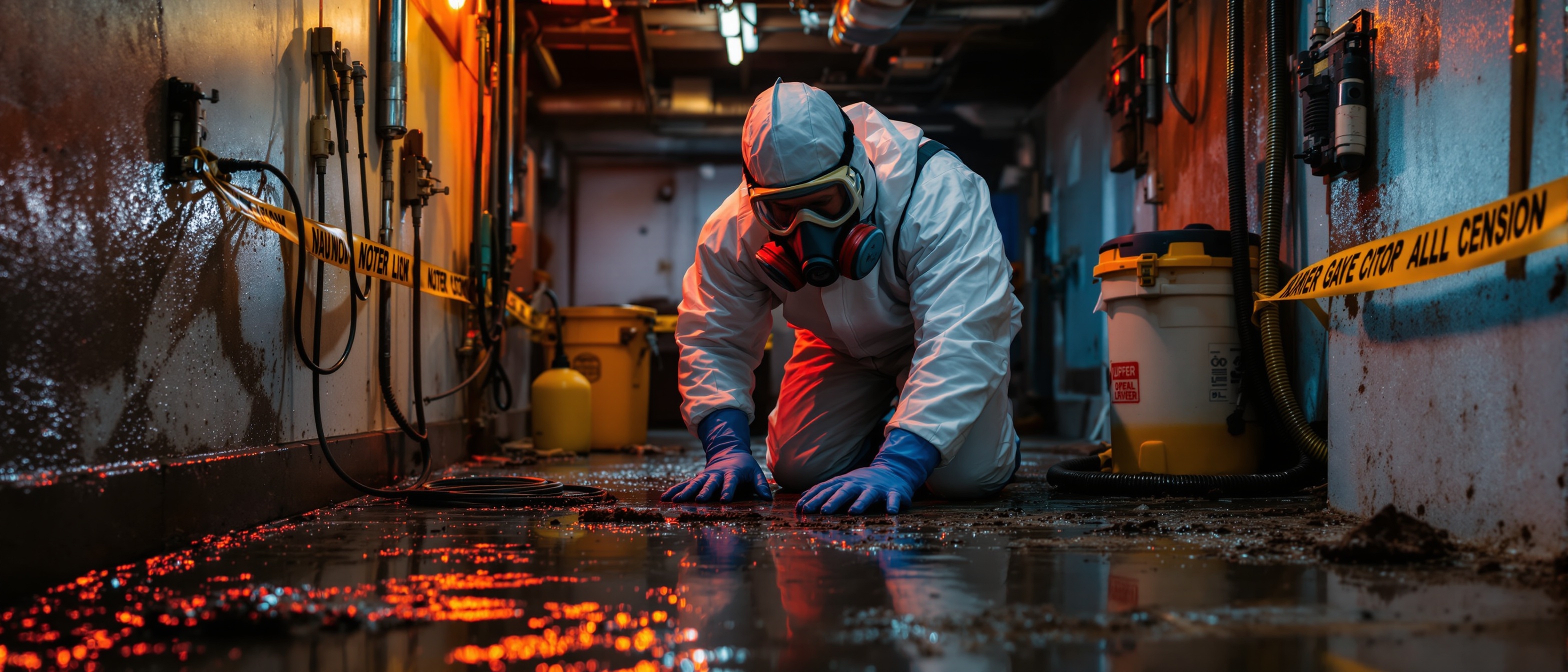 Professional technician in full PPE performing sewage decontamination cleanup