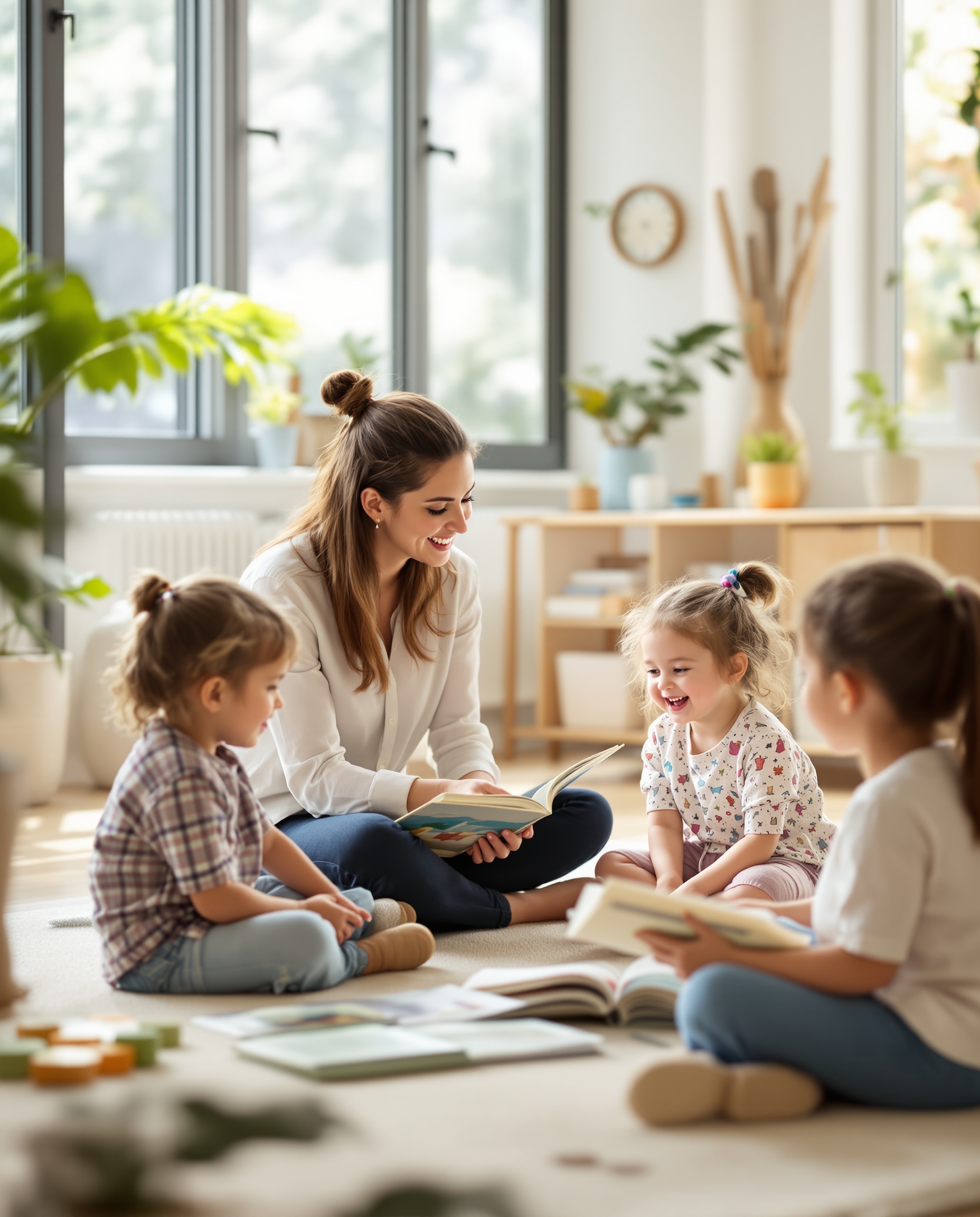 Early childhood educator reading with children in a bright modern classroom