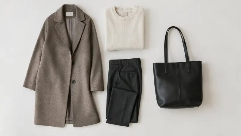 Flach gelegte Pendler-Garderobe mit Mantel und Tasche