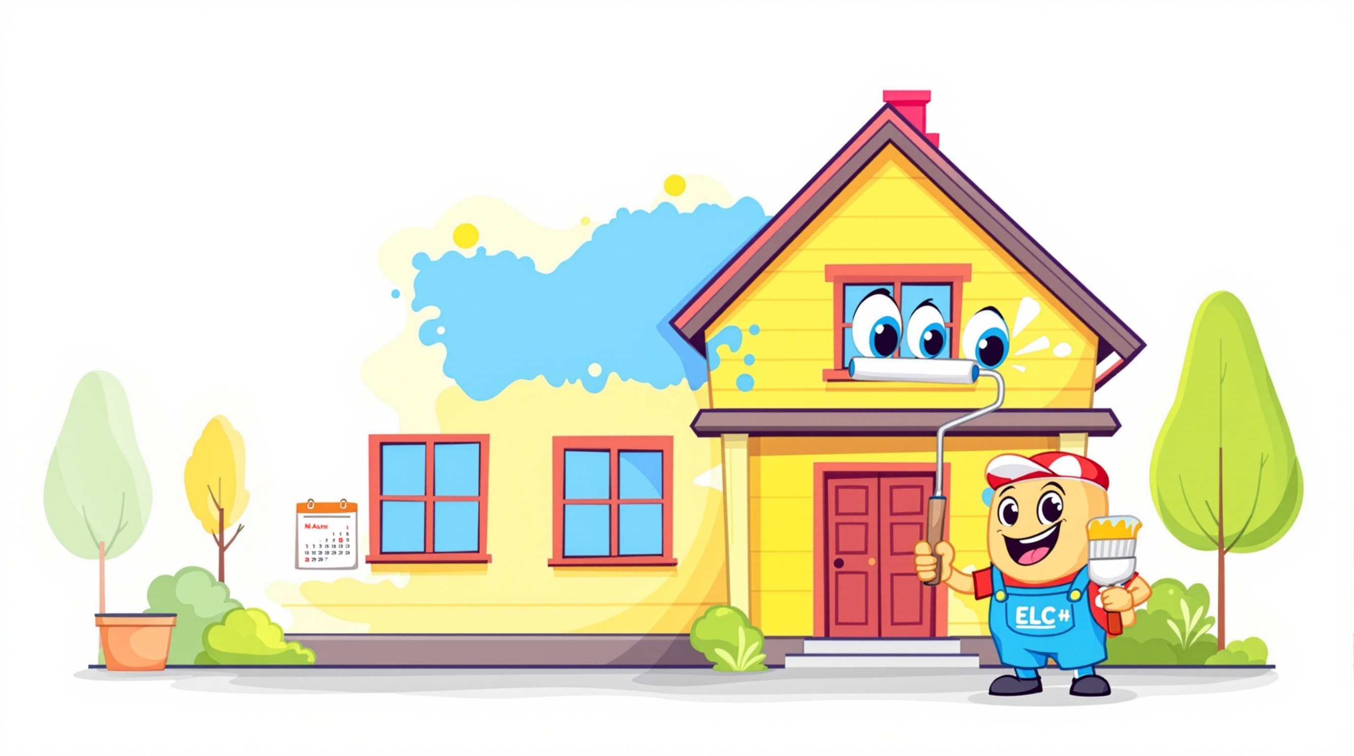 Cartoon illustration of a house with a paint roller and calendar showing repainting schedule