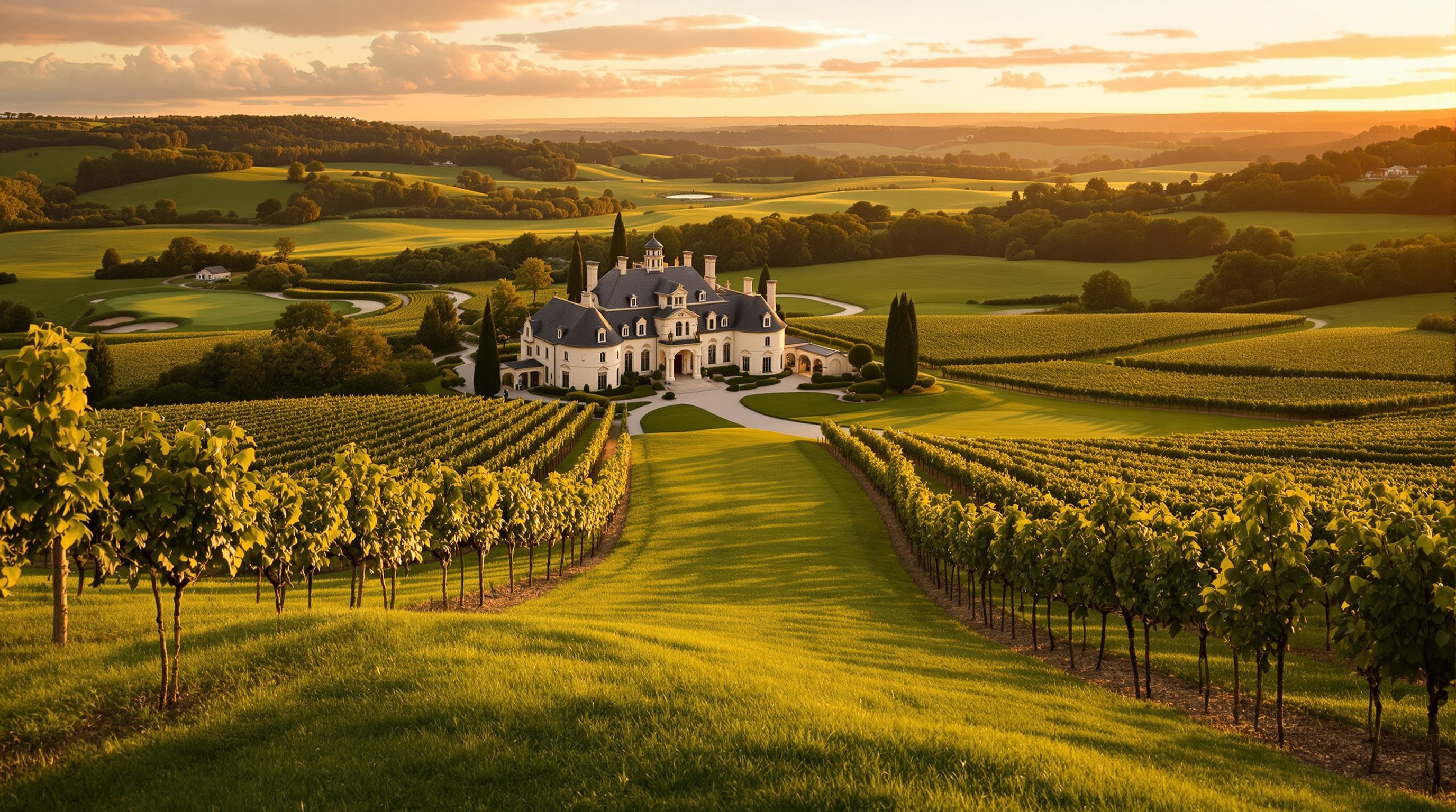 France golf holiday — château estate and vineyard fairways at golden hour