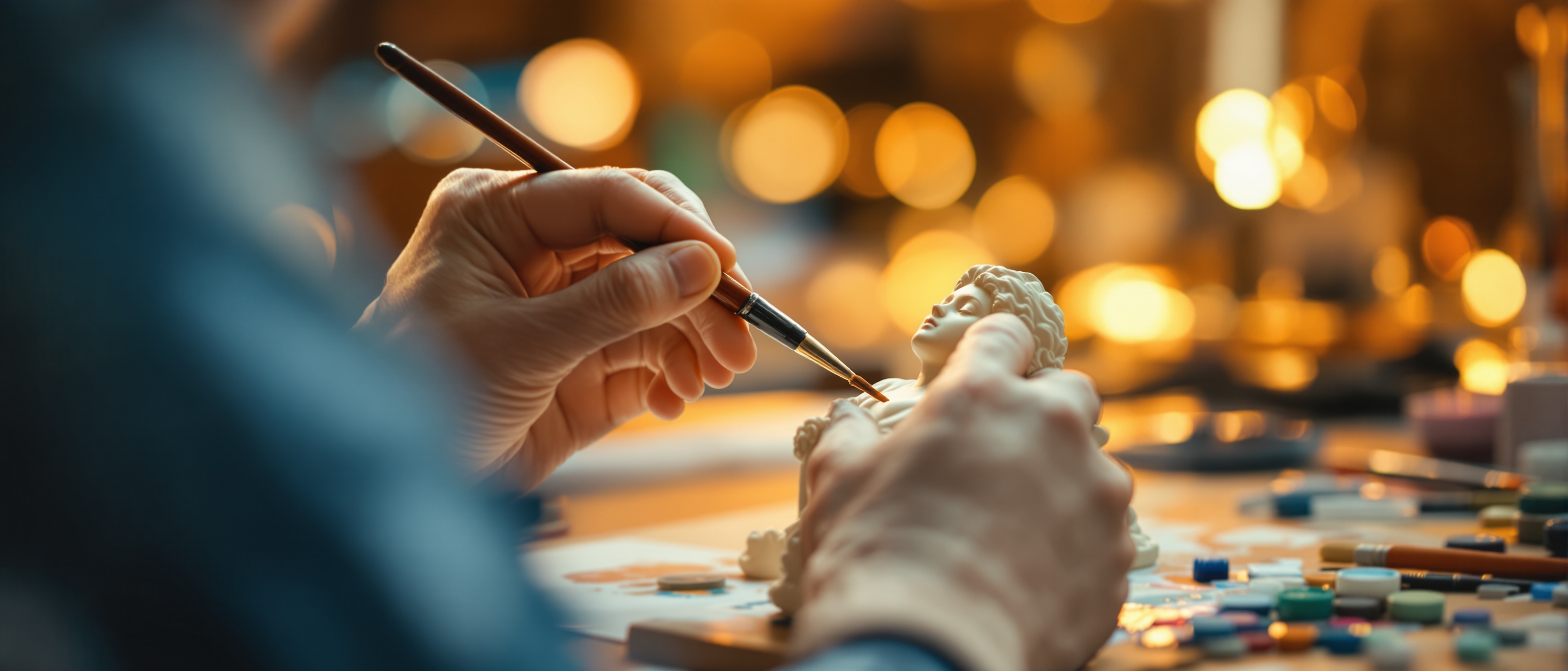 Artesano pintando una figura de resina a mano en el taller