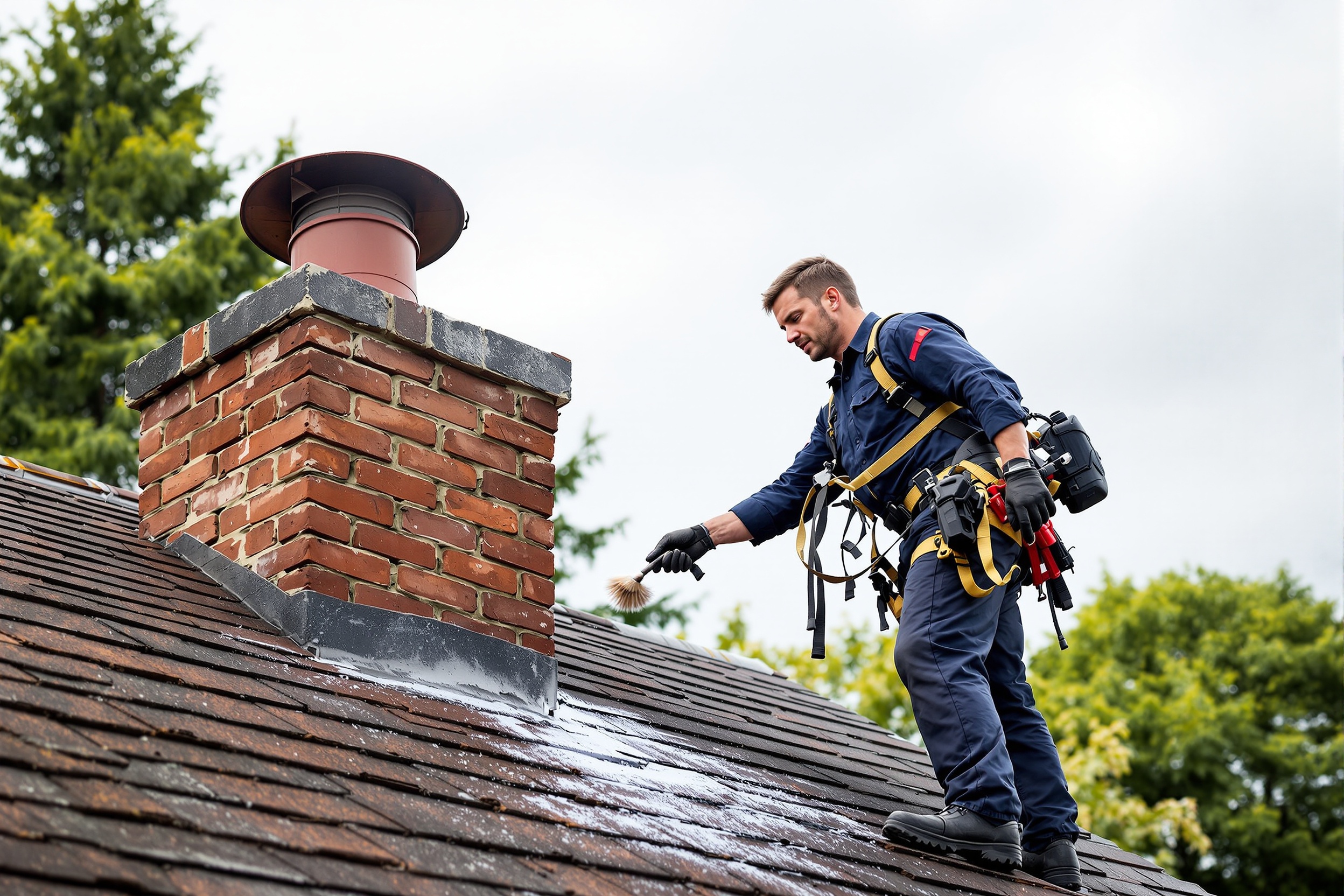 Dr. Chimney Seattle professional technician cleaning a chimney on a Seattle home roof — expert chimney sweep and inspection services