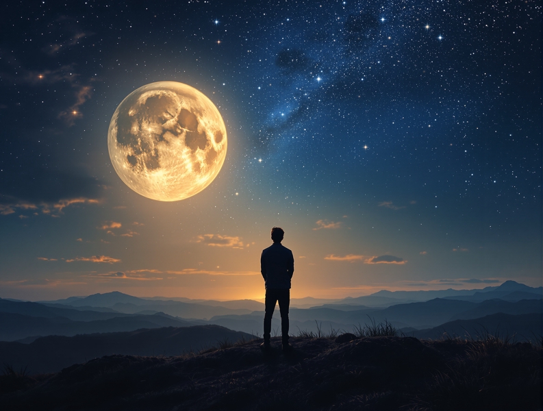 夜空を見上げて宇宙に思いを馳せる人のシルエット