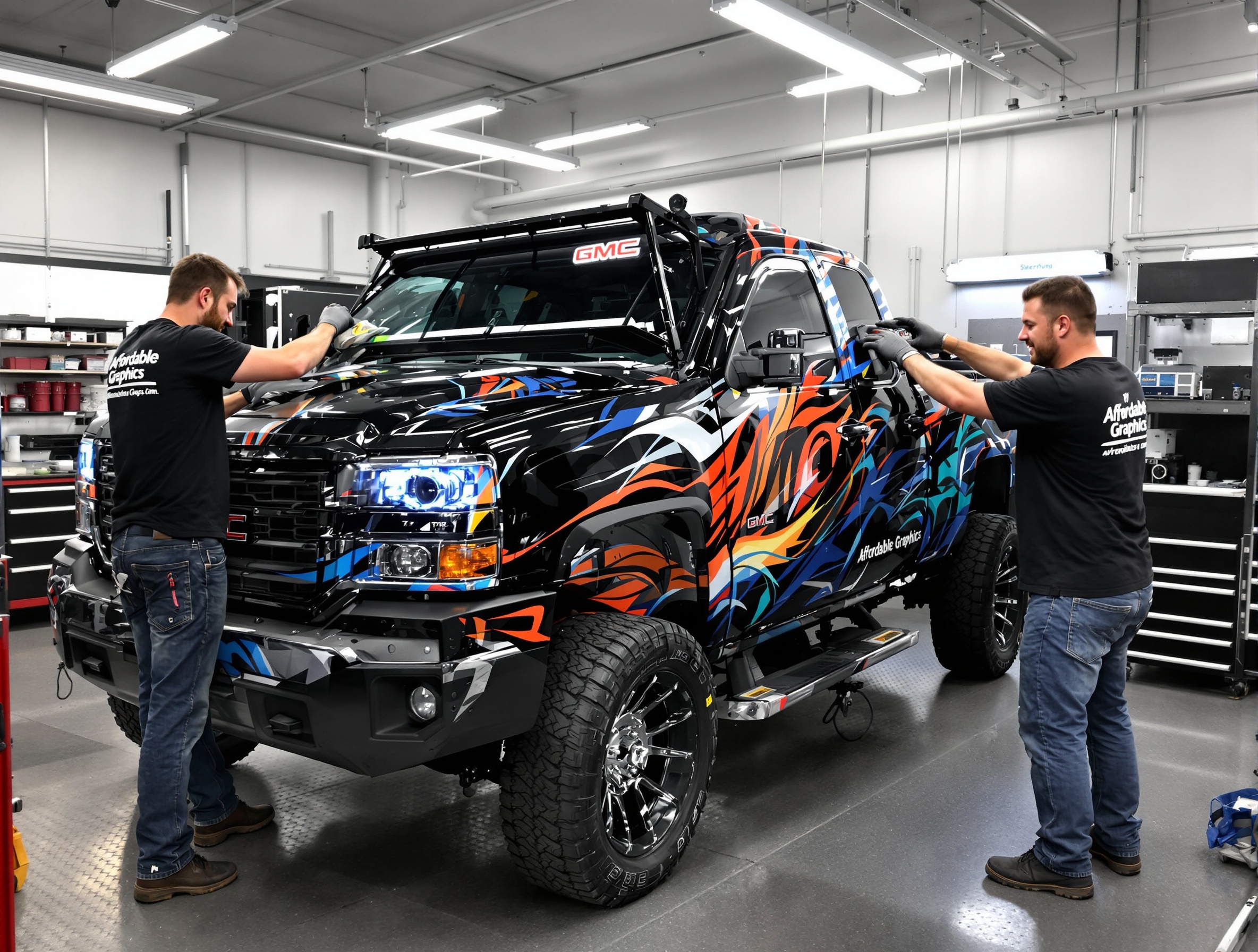 Two Affordable Graphics technicians applying vinyl wrap to black Toyota Tacoma truck