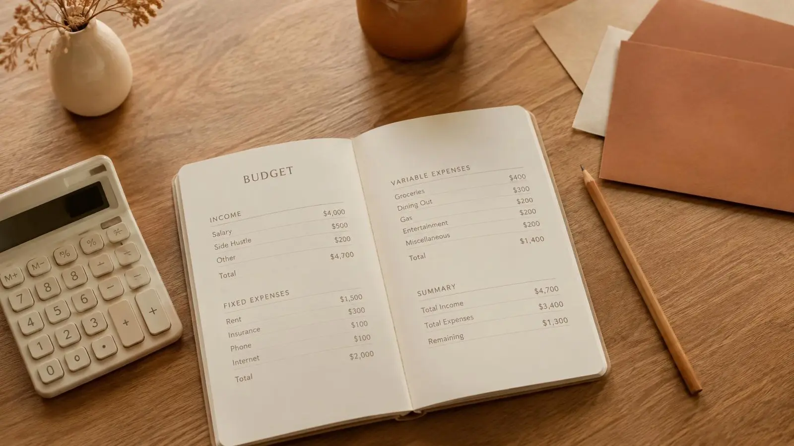 Notesbog med budget, pen, lommeregner og mønter på et lyst egetræsbord i morgenlys