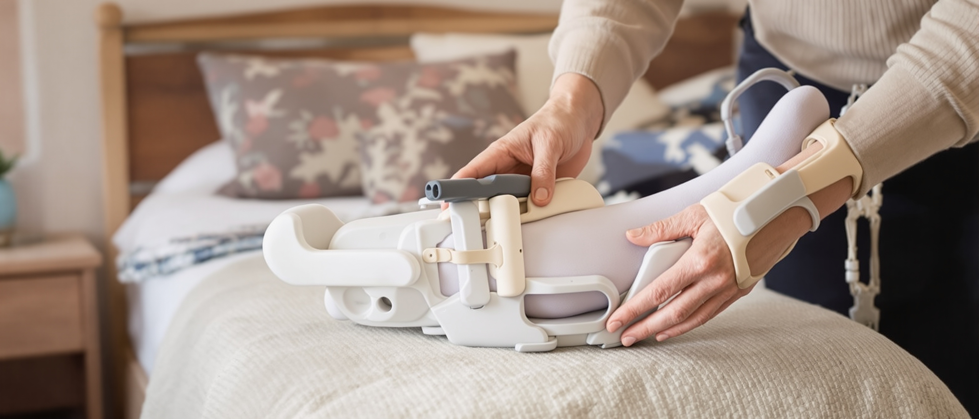 Senior using sock aid and dressing tools for independent morning routine without bending