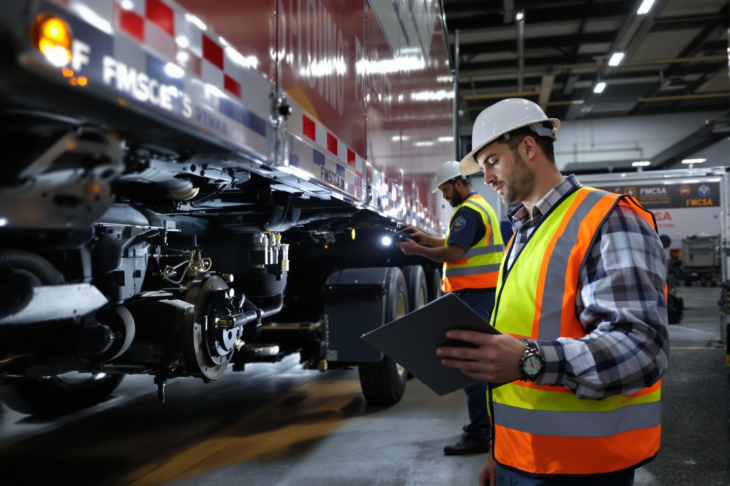 FMCSA certified DOT inspector performing annual inspection on commercial truck in DFW Texas