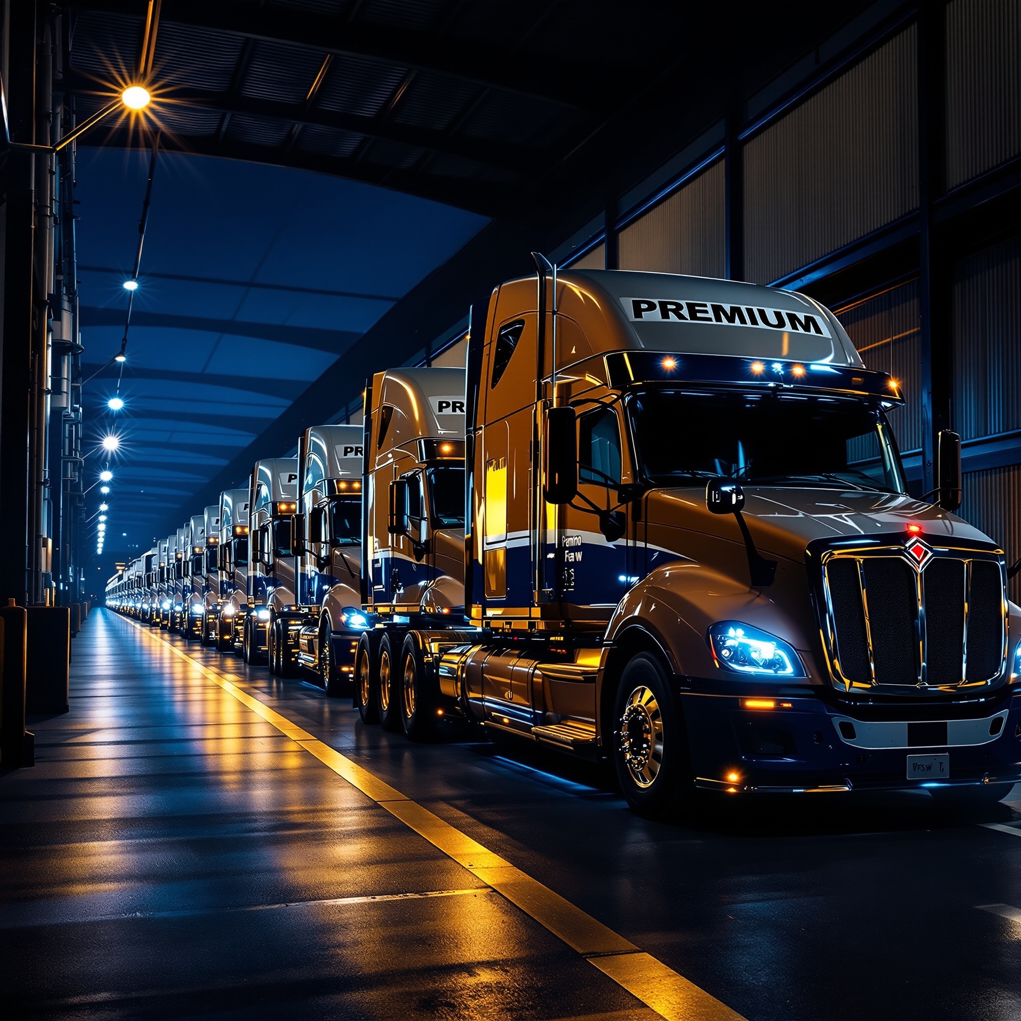 Fleet of freight trucks ready for dispatch