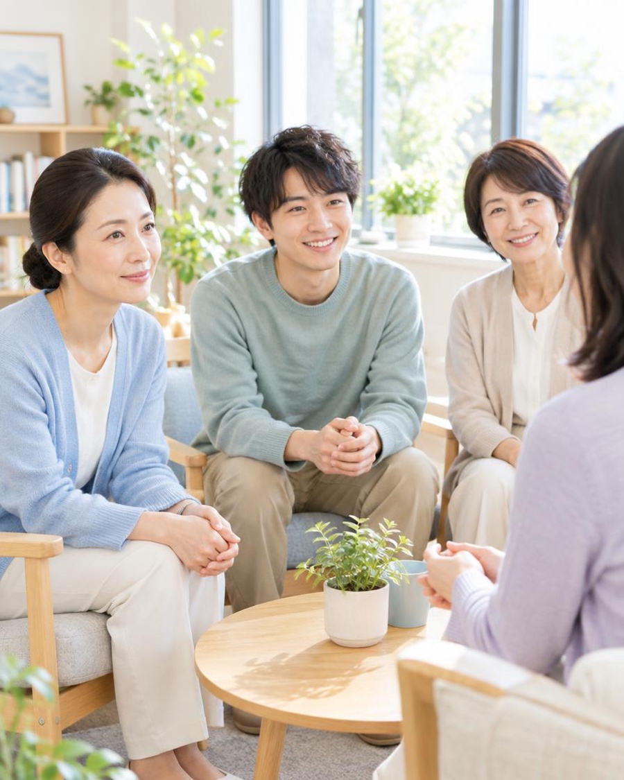 明るい相談室で、当事者と支援者が穏やかに言葉を交わし、前向きに寄り添うAdvoceraの様子