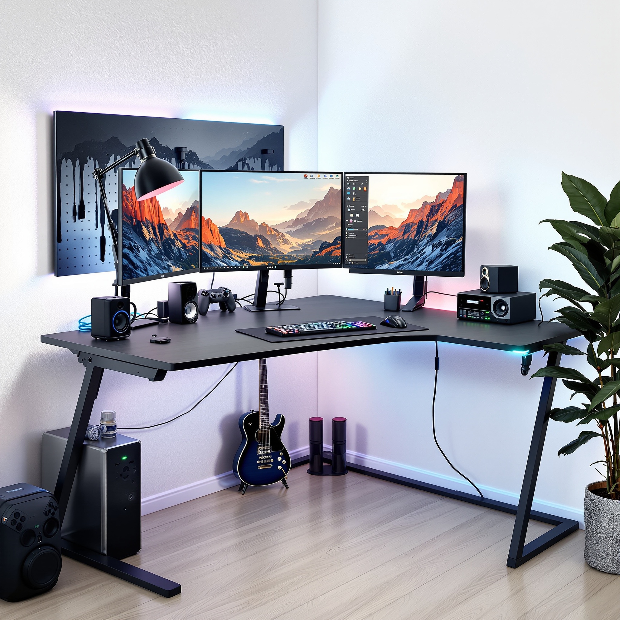 Sedeta L-Shaped Corner Desk – 55 inch with LED Lights & Power Strip