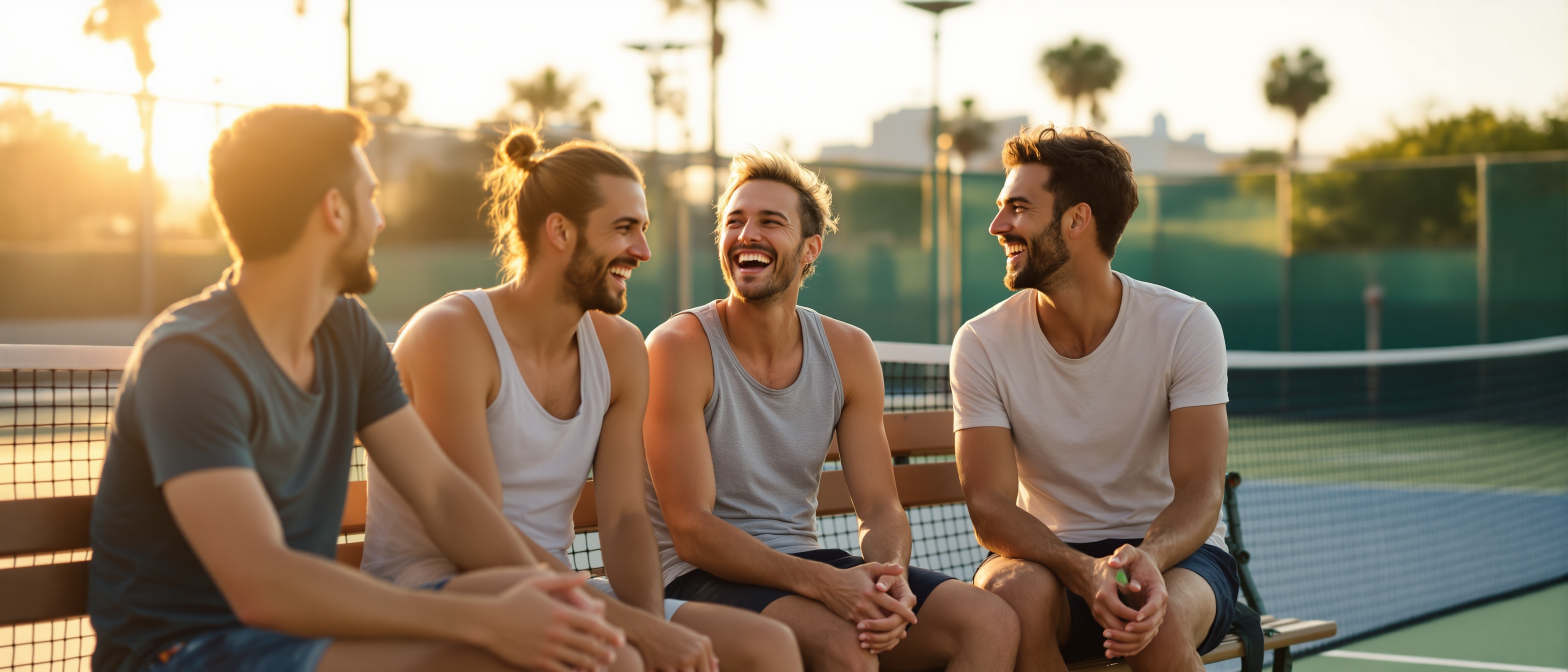 Friends relaxing by a padel court