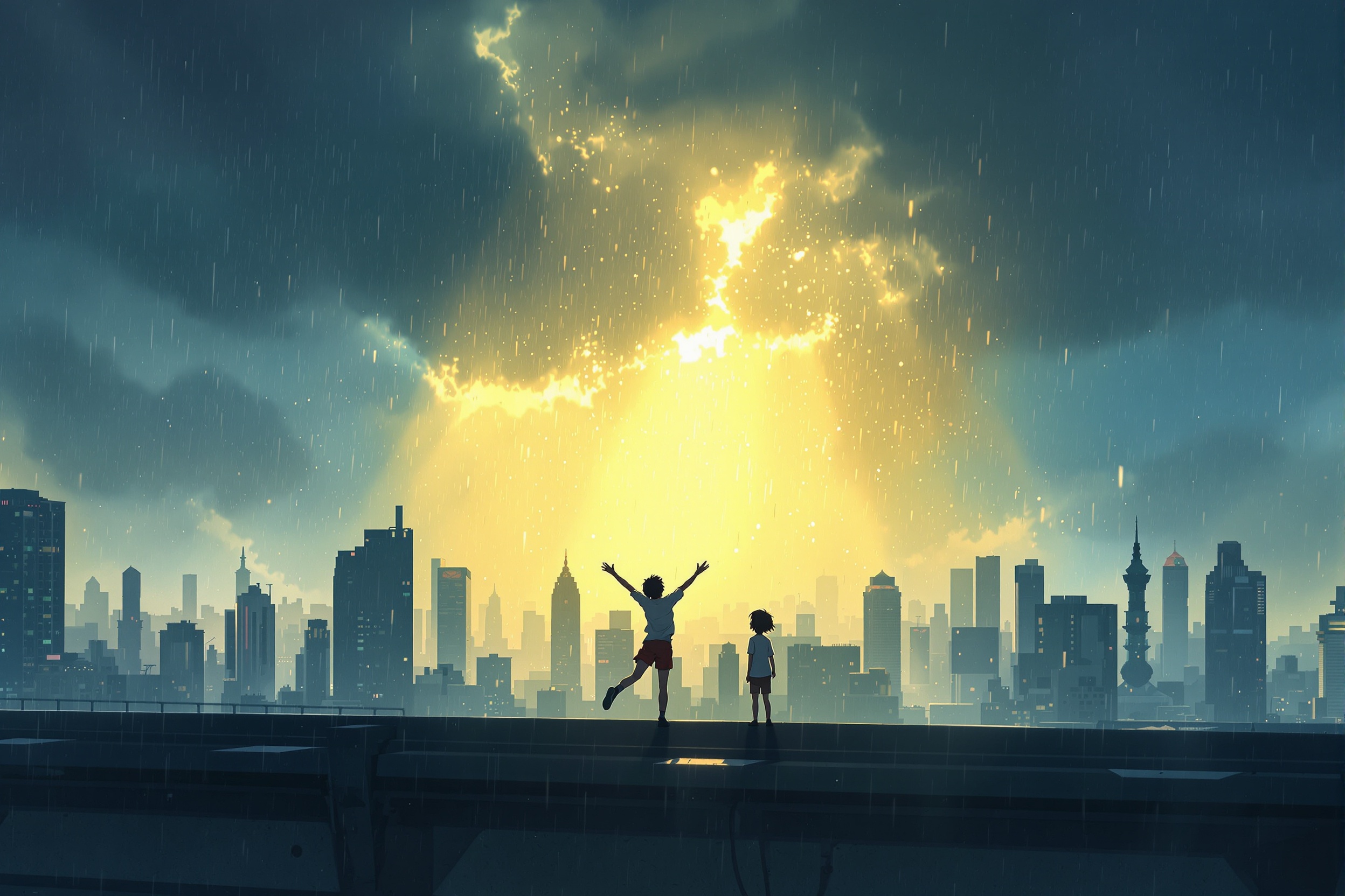 雨の東京、跳び立つ少女