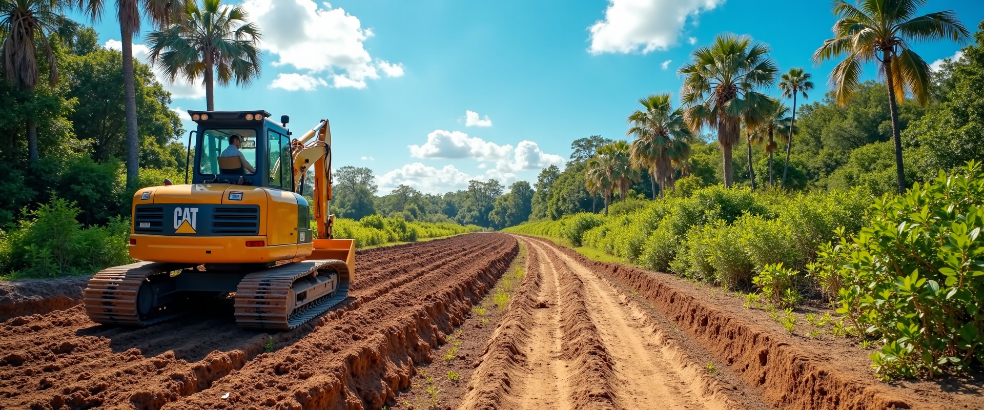 Professional land clearing equipment preparing an overgrown Florida Gulf Coast lot for development
