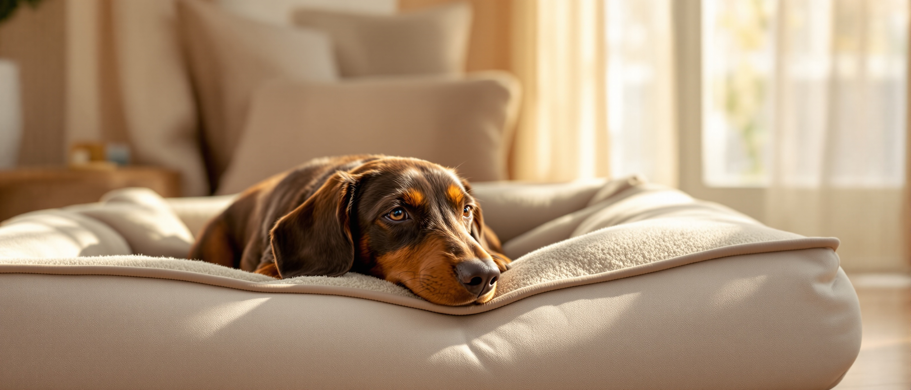 Brownie the dachshund – Pets Heaven brand representative resting on a luxurious orthopedic pet bed