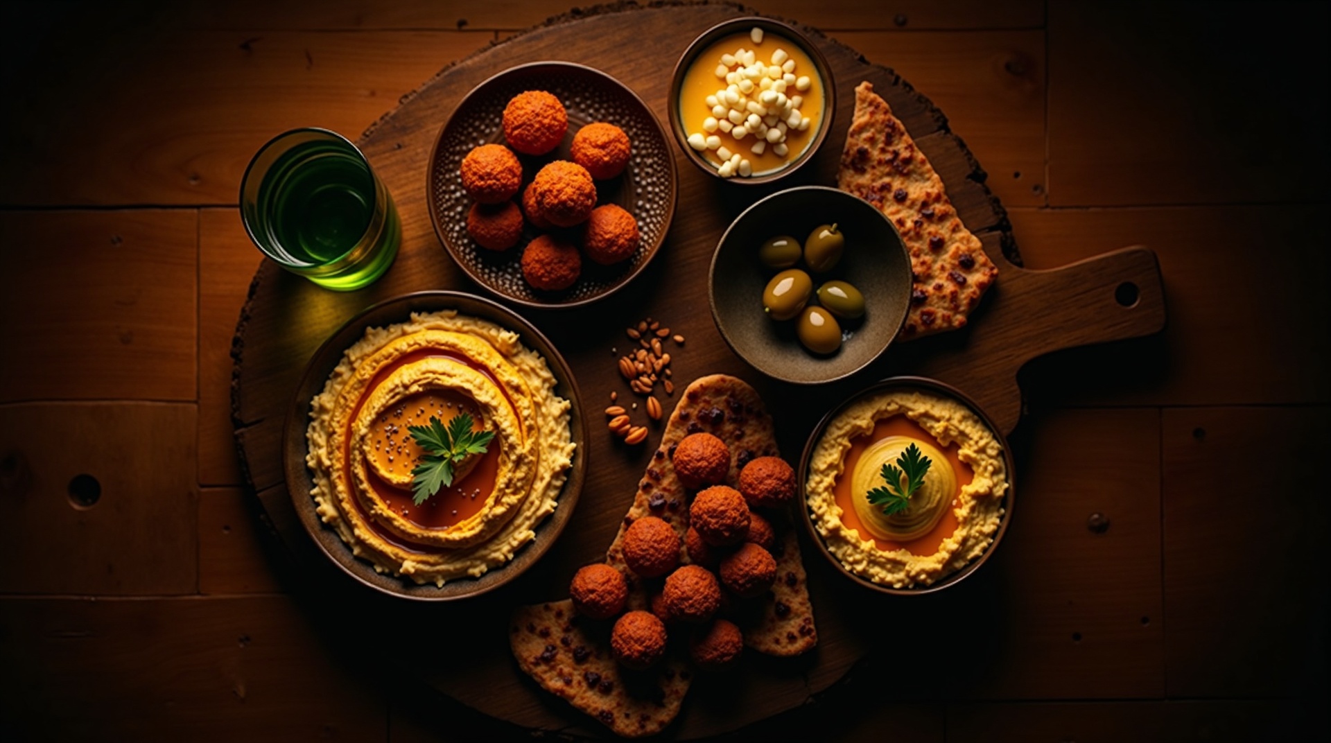 Lebanese mezze spread overhead shot