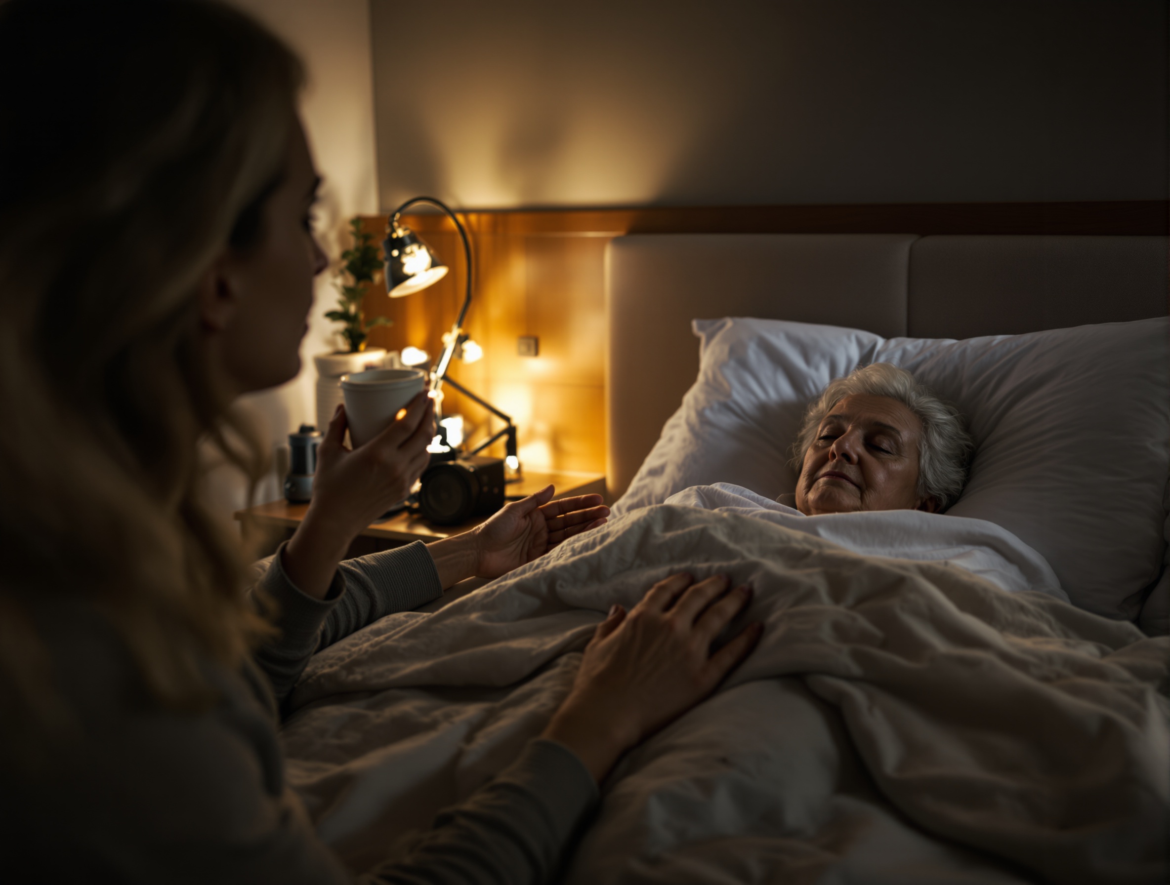 Caregiver helping senior with dementia during nighttime wakefulness