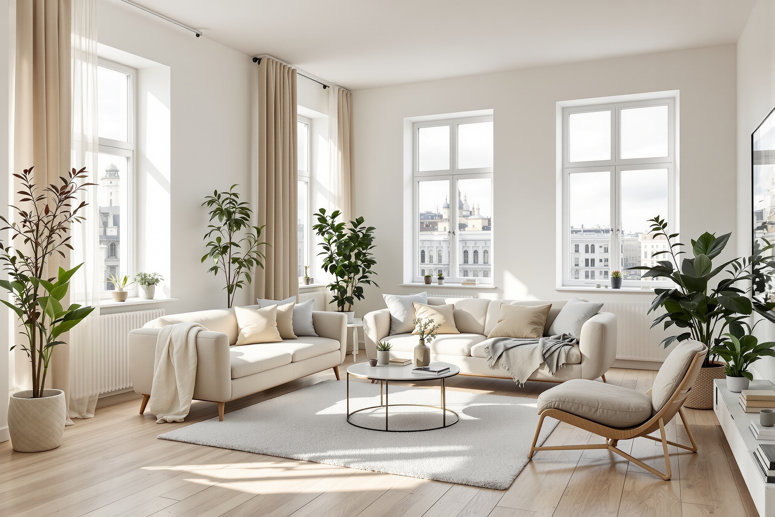 Современный интерьер квартиры с панорамными окнами и видом на Санкт-Петербург