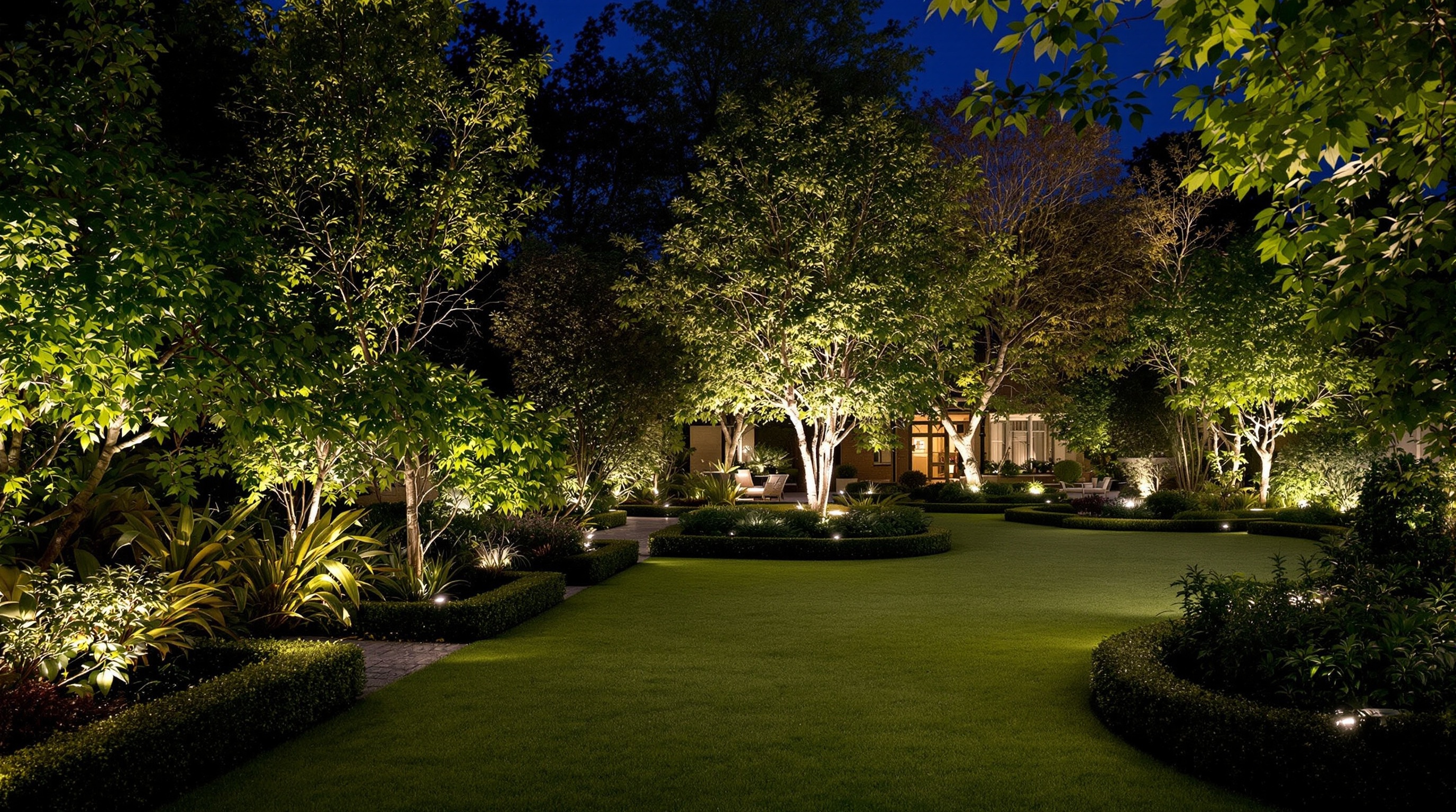 Garden lighting installation in a luxury property